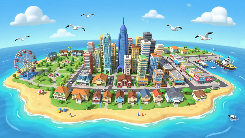 一座阳光明媚的卡通风格海岛城市全景,画面中央是错落有致的彩色高楼大厦与低矮别墅,周围环绕着蔚蓝海洋和金色沙滩,左侧有摩天轮和公园,右侧是商业街和港口,天空中有白云和海鸥,整体布局开阔明亮,风格为3D卡通渲染,细节丰富色彩鲜艳,画质清晰干净,无多余元素