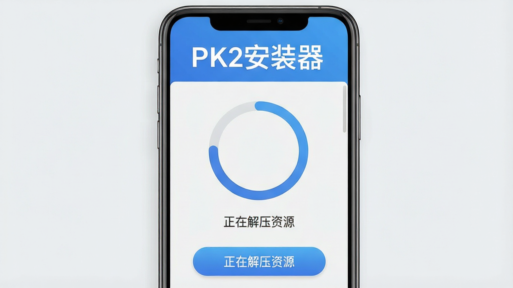 一张展示PK2安装器一键安装功能的图片,主体是手机屏幕显示安装进度界面,布局为上下结构,上方是软件名称“PK2安装器”,中间是圆形进度环,下方是文字说明“正在解压资源”,风格扁平化设计,细节包括蓝色渐变按钮、白色文字、浅灰背景,画质清晰,干净,无多余元素
