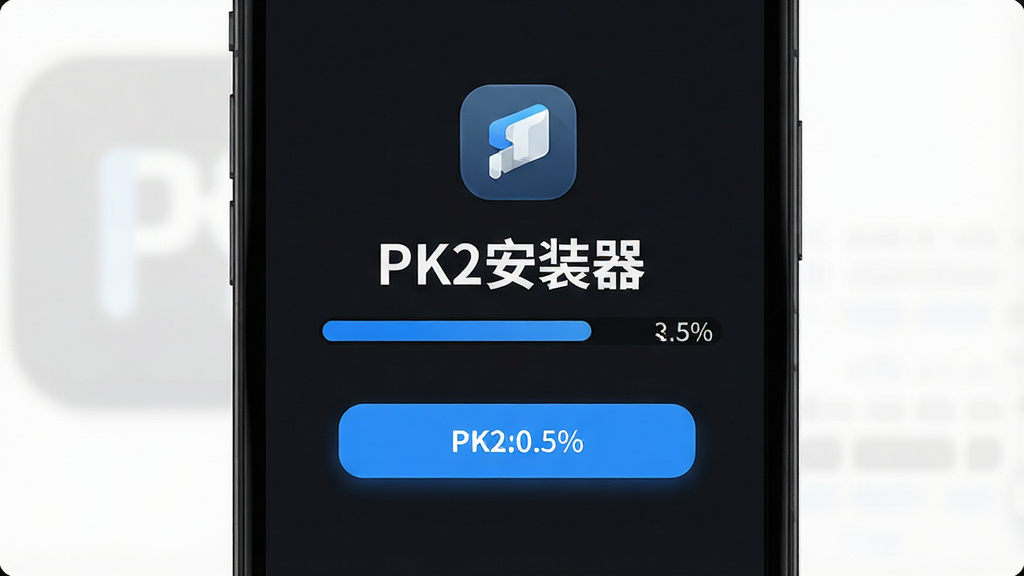 一张展示PK2安装器软件界面的图片,主体是一个深色背景的手机屏幕,屏幕中央显示“PK2安装器”文字标识与进度条,布局为居中排版,风格简洁科技感,细节包括圆角图标、蓝色高亮按钮、进度百分比数字,画质清晰,干净,无多余元素
