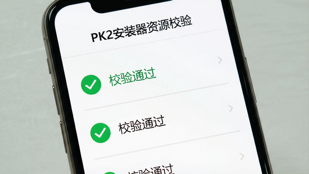 一张展示PK2安装器资源校验功能的图片,主体是手机屏幕显示校验结果页面,布局为列表式排版,风格简约商务,细节包括绿色对勾图标、文字“校验通过”、灰色分割线、白色背景,画质清晰,干净,无多余元素