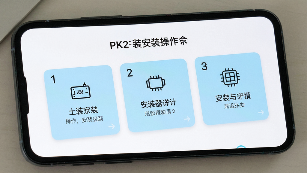 一张展示PK2安装器操作界面的图片,主体是手机屏幕显示安装步骤引导页,布局为分步卡片式排版,风格清新浅色,细节包括数字序号、图标、文字说明、浅蓝底色,画质清晰,干净,无多余元素