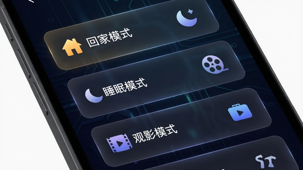 手机屏幕展示欧酷星智控的场景模式设置界面,界面上有“回家模式”“睡眠模式”“观影模式”等卡片式按钮,每个卡片旁边有对应的小图标如房子、月亮、电影胶片,背景为深色科技感渐变,布局为纵向卡片列表,风格为现代UI设计风,细节上按钮有微光效果,文字清晰,画质锐利,干净无多余元素