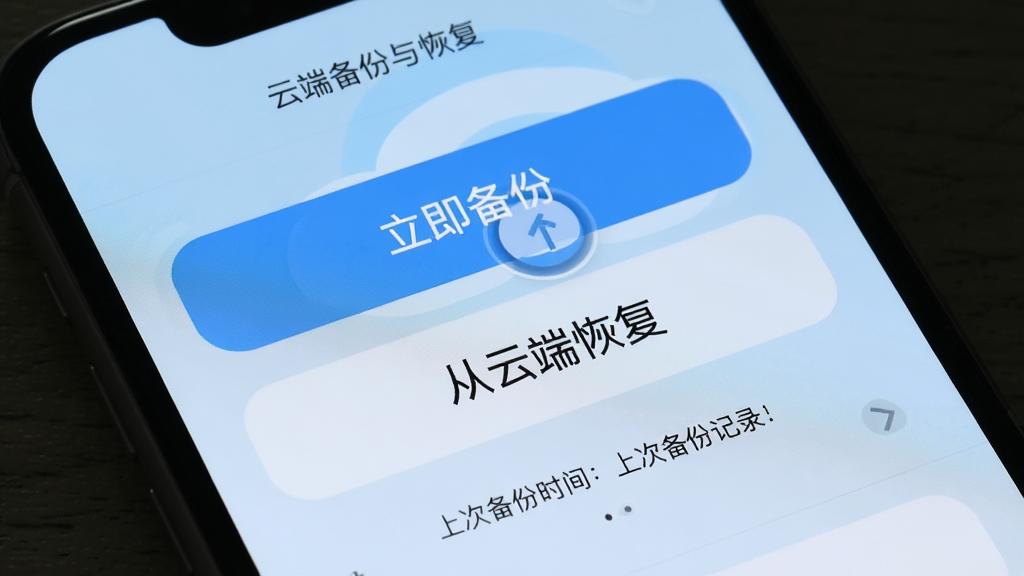 手机屏幕显示欧酷星智控的云端备份与恢复界面,界面中有“立即备份”“从云端恢复”两个大按钮,下方有上次备份时间记录,背景为淡蓝色渐变,布局为上下结构,风格为简洁工具风,细节上按钮有按压反馈效果,画质清晰,干净无多余元素