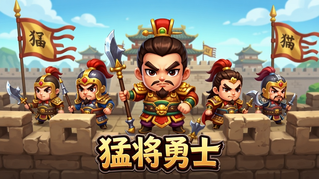 一幅Q版三国风格的游戏宣传图,画面中央是猛将勇士游戏主界面,展示多名Q版三国武将站立在城墙上,背景是古代城池和战旗,画面下方有猛将勇士游戏Logo,布局为横向构图,排版居中,风格为卡通Q版,细节包括武将铠甲、兵器、城墙砖石纹理,画质高清,干净,无多余元素