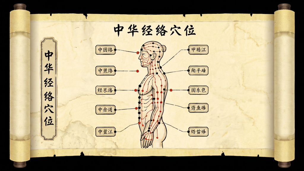 主体为展开的中医经络图谱卷轴,画面中央绘制人体侧面经络线条,周围环绕穴位圆点与标注框,布局为横向展开式,排版疏朗,风格为仿古医书插画风,细节包括卷轴边缘的淡黄纸纹、经络线条用朱砂红与墨黑区分,画质高清干净,画面中文字标注“中华经络穴位”。