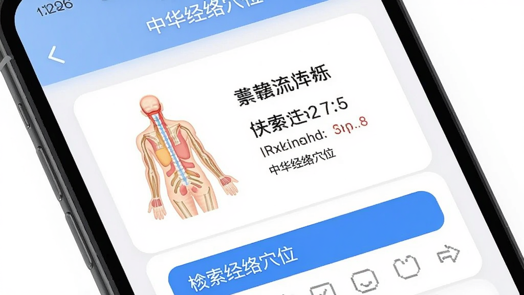 主体为手机界面特写,屏幕显示穴位详情卡片,卡片内有人体局部示意图与文字说明区块,布局为上下结构,排版清晰,风格为扁平化移动端UI风,细节包括卡片圆角、浅灰色分隔线、蓝色高亮检索框,画质干净,画面中文字标注“中华经络穴位”。