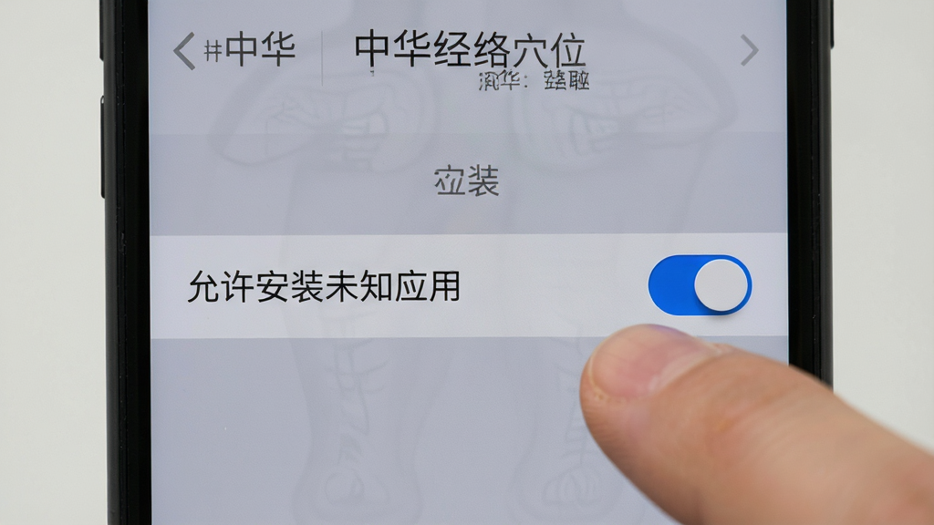 主体为手机屏幕显示安装权限设置界面,画面中有“允许安装未知应用”的开关按钮,旁边有一只手指正在点击,布局为居中特写,排版直观,风格为手机系统设置界面写实风,细节包括灰色背景、蓝色开关高亮、文字清晰,画质干净,画面中文字标注“中华经络穴位”。