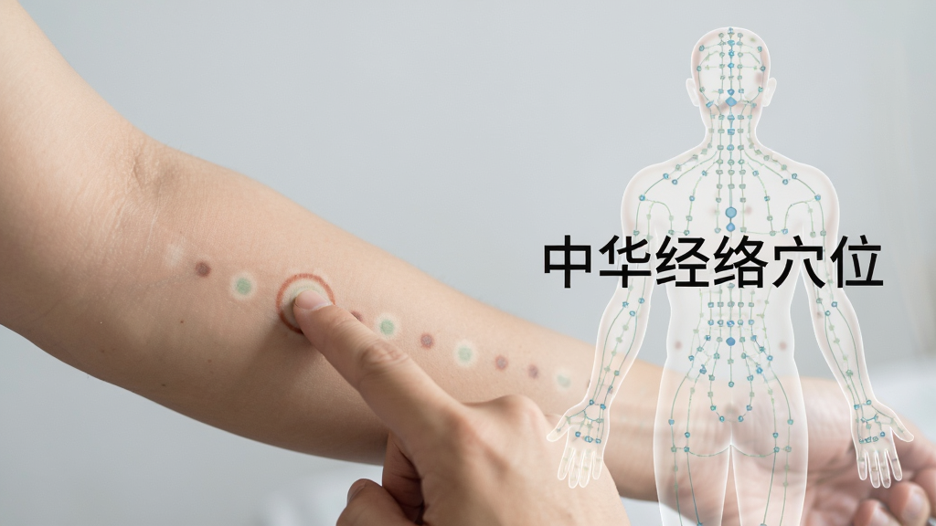 主体为真人手臂局部特写,另一只手指向手臂上的穴位位置,画面右侧叠加半透明的人体经络线条,布局为左图右文,排版简洁,风格为医疗科普摄影风,细节包括肤色自然、光线柔和、背景虚化为浅灰,画质清晰,画面中文字标注“中华经络穴位”。
