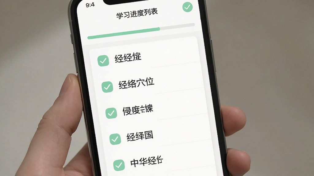 主体为手机屏幕显示学习进度列表,列表项前有勾选标记与经络名称,布局为纵向列表式,排版规整,风格为极简工具类应用界面,细节包括顶部进度条、浅绿色对勾图标、白色背景,画质干净,画面中文字标注“中华经络穴位”。