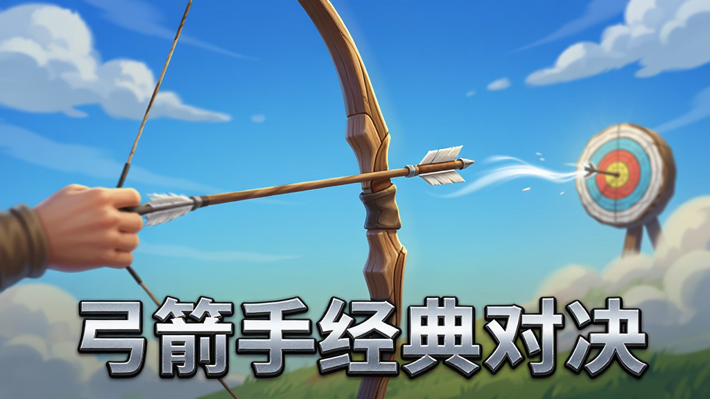画面主体为一把拉满弦的木质长弓,箭矢正飞向远处的红心靶,空中划出一道白色轨迹线,背景为渐变蓝色天空和飘动的云朵,画面下方有“弓箭手经典对决”的金属质感文字,整体风格写实与卡通结合,光影细腻、画质高清、无杂乱元素