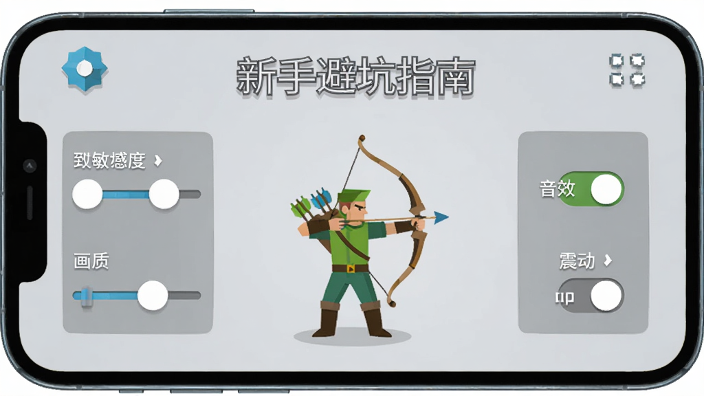 一部智能手机屏幕显示弓箭手经典对决的游戏设置界面,左侧有灵敏度和画质调节滑块,右侧有音效和震动开关,屏幕上方有“新手避坑指南”的标题文字,背景为浅灰色,整体为扁平化UI设计风格,图标简洁、文字清晰、画面干净无多余装饰
