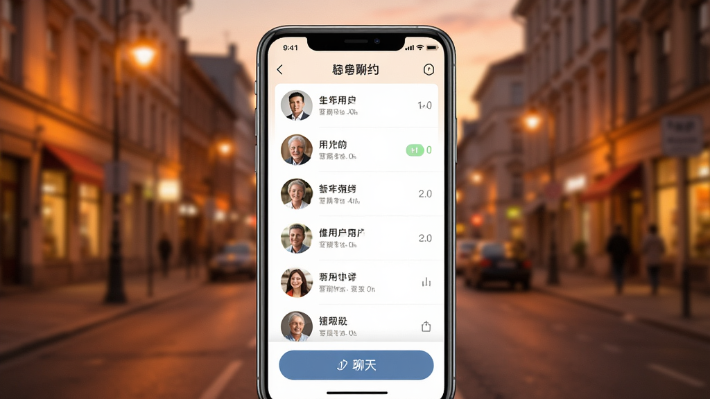 一张手机屏幕展示中年寻约附近聊应用主界面,画面中央是附近用户头像列表和聊天入口按钮,背景为暖色调的城市傍晚街景,整体风格温馨简洁,画质清晰,干净无多余元素