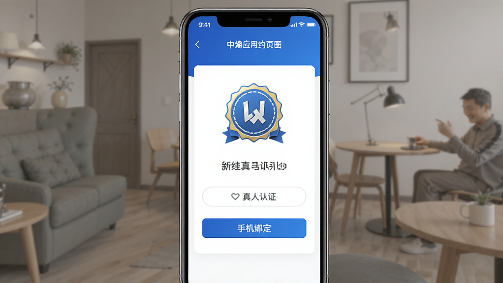 中年寻约附近聊应用内真人认证页面示意图,展示认证徽章和手机绑定步骤,界面简洁大方,色调以蓝白为主,画质清晰,干净无多余元素