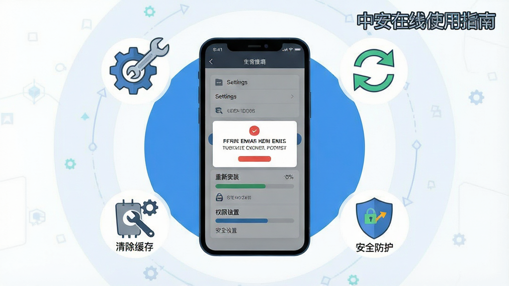 一幅展示中安在线应用故障排查流程的示意图,画面中央是一个手机屏幕显示错误提示弹窗,周围环绕着齿轮、扳手、刷新箭头和盾牌图标,分别代表清除缓存、重新安装、权限设置和安全防护。布局采用环形构图,风格为扁平化科技插画,细节包括设置菜单界面和进度条,画质清晰,干净整洁,无多余元素,图片中文字标注“中安在线使用指南”。