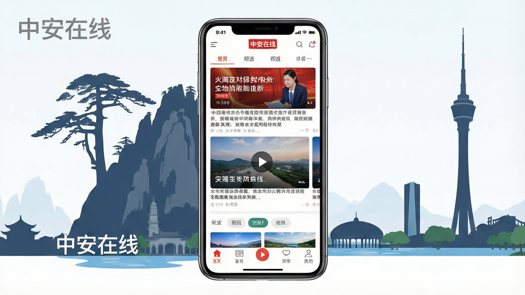 一幅展示中安在线移动端应用界面的概念图,画面中央是一部智能手机,屏幕显示中安在线的新闻首页,包含头条新闻、图片轮播和底部导航栏。手机周围环绕着安徽地标建筑剪影如黄山迎客松、合肥天鹅湖和广播电视塔。整体布局采用中心对称构图,风格为现代扁平化UI设计,细节包括新闻卡片、视频播放按钮和频道切换标签,画质清晰,干净明亮,无多余元素,图片中文字标注“中安在线”。