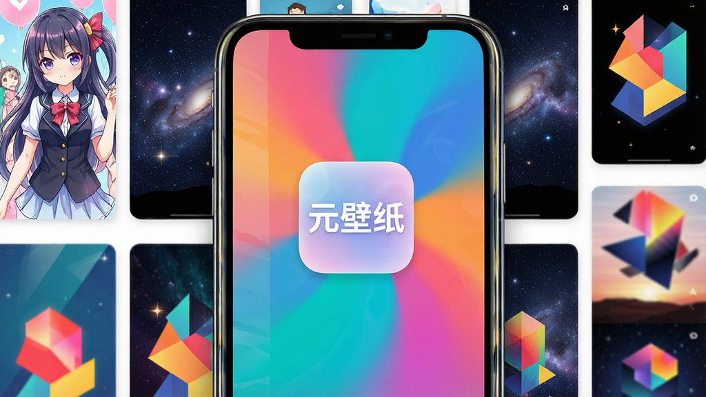 一张手机屏幕展示着色彩绚丽的动态壁纸,画面中央是“元壁纸”APP的图标与界面,周围环绕着各种风格的壁纸缩略图,如二次元动漫、星空、抽象几何图案,整体布局简洁现代,风格清新科技感,细节上手机边框有光影反射,画质高清干净,无多余元素
