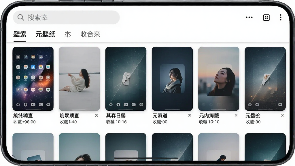 一张手机屏幕截图,展示“元壁纸”APP的收藏夹页面,里面排列着多张已收藏的壁纸缩略图,顶部有搜索框和分类标签,界面风格清新简洁,细节上每张缩略图下方有名称和收藏时间,画质清晰,干净无杂乱元素