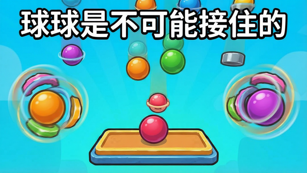 一张展示游戏玩法的示意图,画面中有多个不同颜色和大小的小球从屏幕上方落下,下方有一个玩家控制的接球板,周围有旋转的障碍物,风格卡通,色彩鲜艳,图片中带有文字“球球是不可能接住的”,画质清晰,干净,无多余元素