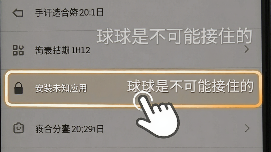 一张展示手机安全设置的界面图,画面中是一个安卓手机的设置菜单,高亮显示“安装未知应用”选项,旁边有手指点击的图标,风格简洁,图片中带有文字“球球是不可能接住的”,画质干净,无多余元素