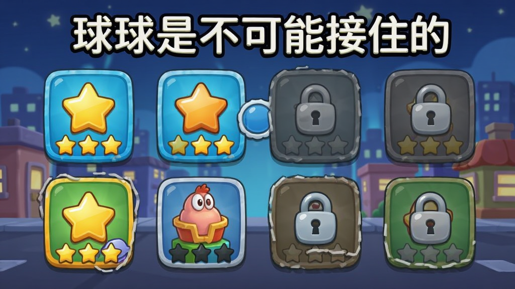 一张展示游戏关卡选择界面的图片,画面中有多个关卡图标,有的显示星星评价,有的上锁,背景是卡通风格的城市夜景,风格休闲,图片中带有文字“球球是不可能接住的”,画质干净,无多余元素