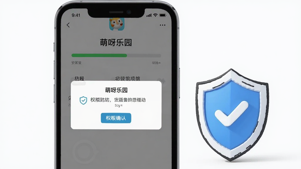 一张展示手机安装应用界面的示意图,画面中有一部智能手机,屏幕上显示“萌呀乐园”的安装进度条和权限确认弹窗,旁边有一个卡通盾牌图标代表安全防护,背景简洁干净,画质清晰,风格扁平化