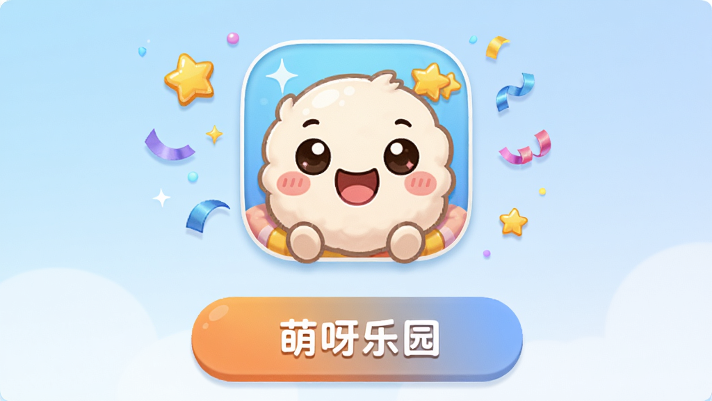 一张萌呀乐园的下载页面示意图,画面中有一个大大的下载按钮和“萌呀乐园”的图标,图标是一个可爱的卡通笑脸,周围环绕着星星和彩带,背景是柔和的渐变蓝色,画质清晰,风格简洁明快