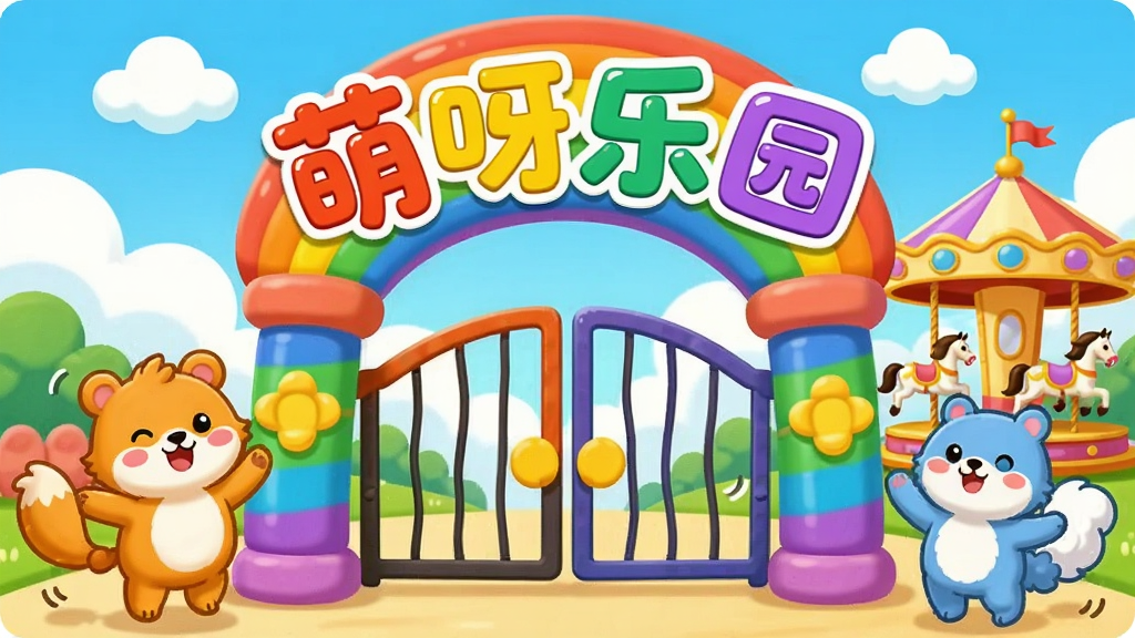 一张色彩明亮、充满童趣的卡通风格插画,画面中央是一座彩虹色的乐园大门,门头上写着“萌呀乐园”四个大字,大门两侧有可爱的卡通小动物在跳舞,背景是蓝天白云和旋转木马,整体风格活泼可爱,画质清晰干净,无多余元素,适合作为手机应用宣传图