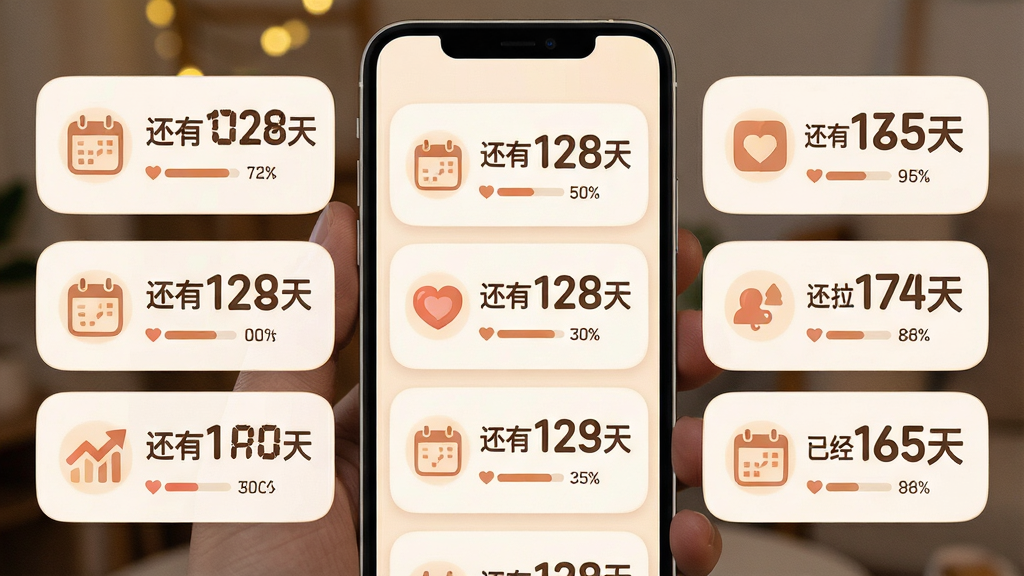 纪念日DaysMa倒计时卡片界面展示,手机屏幕中排列多张纪念日卡片,每张卡片左侧有图标,右侧显示大字倒计时数字如“还有128天”和“已经365天”,背景为柔和圆角卡片,风格温馨简约,布局为垂直列表,细节包含进度条、心形装饰、日期文字,画质高清,无多余元素