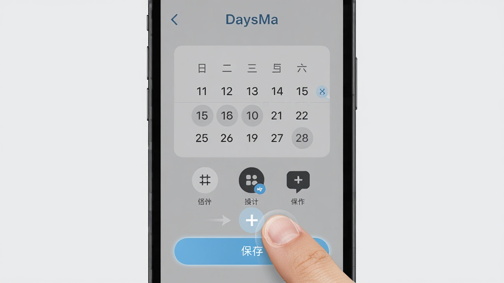 纪念日DaysMa移动端操作示意图,手机屏幕中显示手指点击“+”按钮创建纪念日的动作,界面包含日期选择器、分类图标、保存按钮,背景为浅灰色,风格简洁直观,布局为手机正面视角,细节包含手指触摸、界面高亮、操作箭头,画质高清,无多余元素