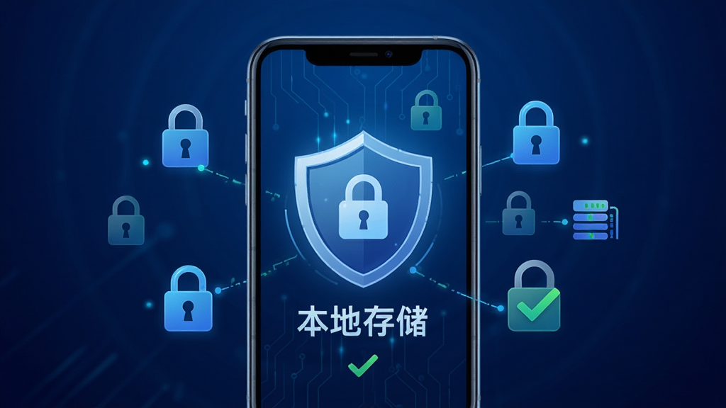 纪念日DaysMa隐私安全本地存储示意图,手机屏幕中显示盾牌图标与“本地存储”文字,周围环绕锁形图标和数据图标,背景为深蓝色渐变,风格科技安全,布局为居中构图,细节包含手机轮廓、加密符号、对勾标记,画质高清,无多余元素