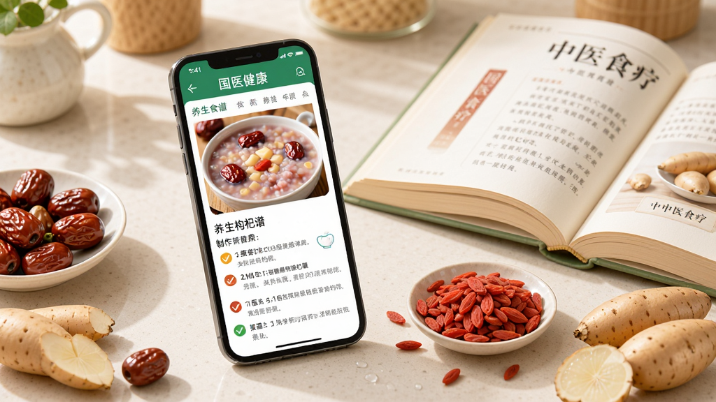 一部手机显示“国医健康”应用的养生食谱页面,页面上有红枣枸杞粥的图片和制作步骤,手机放在厨房台面上,周围摆放着红枣、枸杞、山药等食材和一本打开的中医食疗书籍,整体风格温馨明亮,画质清晰干净,无多余元素