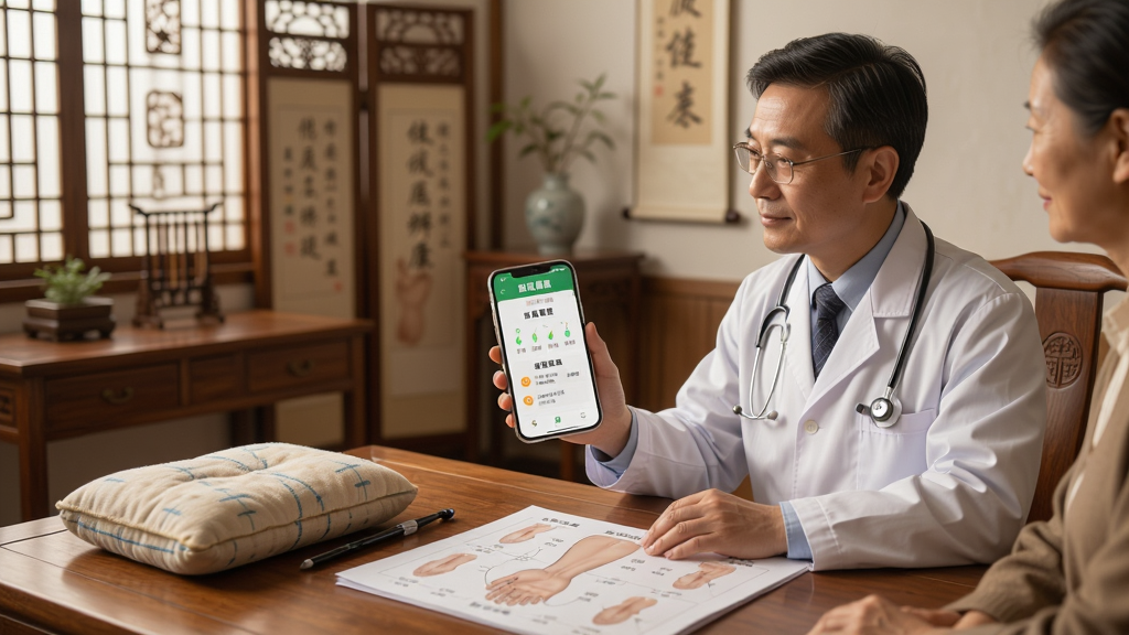 一位中医师正在为患者进行体质辨识,桌上摆放着脉枕和舌诊图,旁边有一部手机显示“国医健康”应用中的体质辨识结果页面,页面中包含体质类型和调理建议,背景是传统中式诊室,木质家具和屏风,整体风格写实温暖,画质高清干净,无多余元素