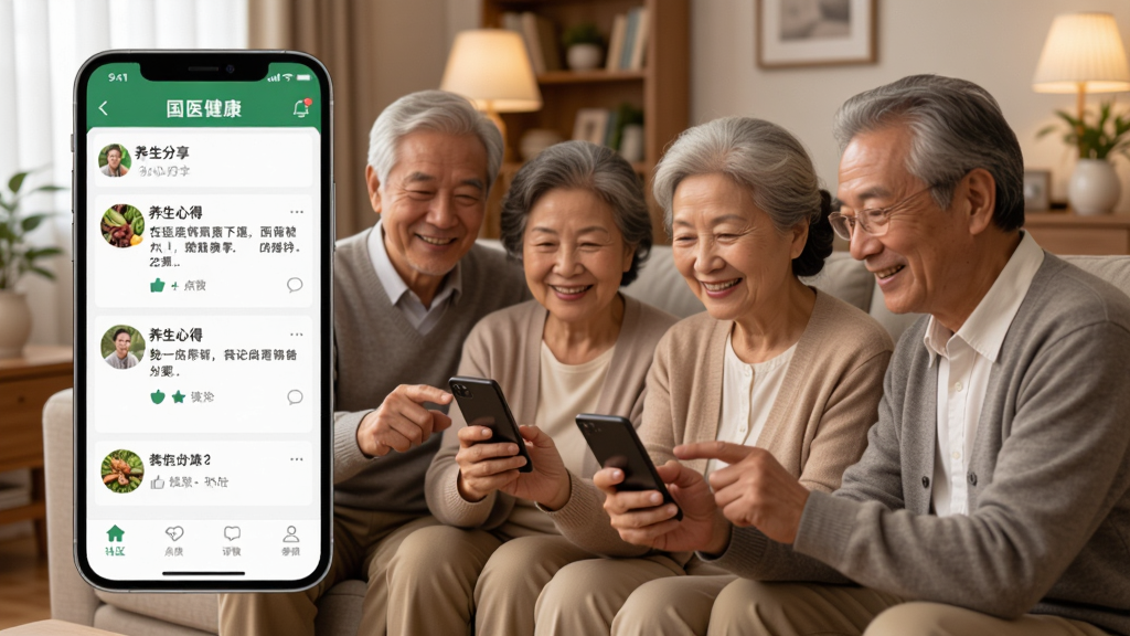 一群不同年龄段的用户在“国医健康”应用的社区界面中互动,屏幕上有养生心得分享帖子和点赞评论,背景是温馨的客厅场景,人们面带微笑看着手机,整体风格轻松愉快,画质清晰干净,无多余元素