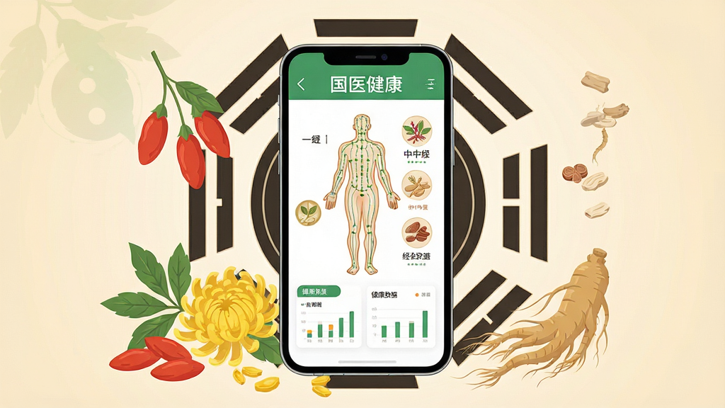 一幅展现中医养生主题的插画,画面中央放置一部智能手机,手机屏幕上显示“国医健康”应用界面,界面中包含人体经络图、中草药图标和健康数据图表,手机周围环绕着枸杞、菊花、人参等中药材和太极八卦图案,背景为淡雅的米黄色渐变,整体风格清新自然,采用扁平化矢量插画风格,细节精致,画质清晰干净,无多余元素