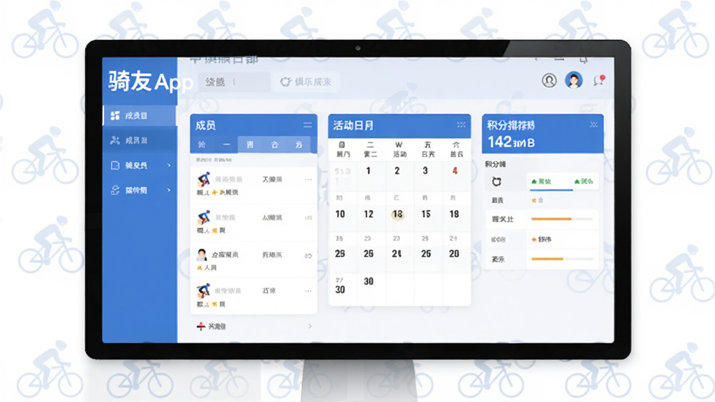 「骑友」App的俱乐部管理后台界面,展示成员列表、活动日历和积分排行榜,界面采用卡片式布局,主色调为蓝色与白色,背景有淡淡的骑行图标水印,风格简约商务,画质清晰