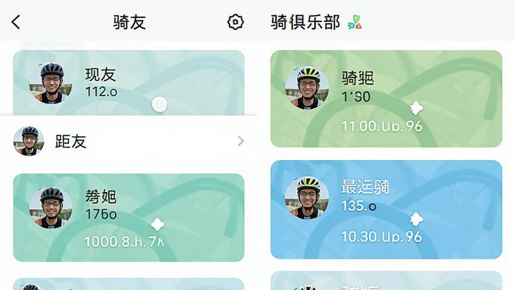 「骑友」App的社交界面截图,展示附近骑友列表与骑行俱乐部卡片,每个卡片包含头像、昵称、距离和最近骑行数据,界面布局为双列瀑布流,清新浅色风格,细节丰富,画质干净