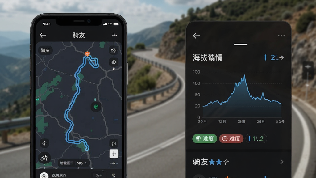 手机屏幕展示「骑友」App的路线详情页,包含路线地图、海拔曲线图、难度标签和骑友评分,背景是蜿蜒的盘山公路,整体风格为深色模式,数据可视化清晰,画质干净无杂物