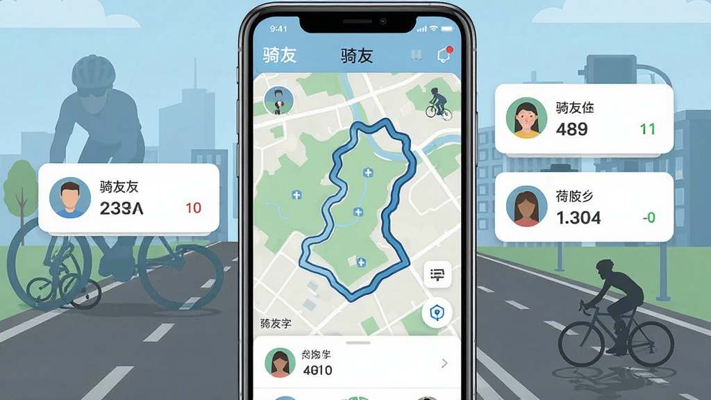 一张展示「骑友」App主界面的手机屏幕截图,画面中央是骑行轨迹地图,周围环绕着骑友头像与骑行数据卡片,背景是城市道路与骑行者剪影,布局清晰,扁平化UI风格,细节精致,画质干净,无多余元素