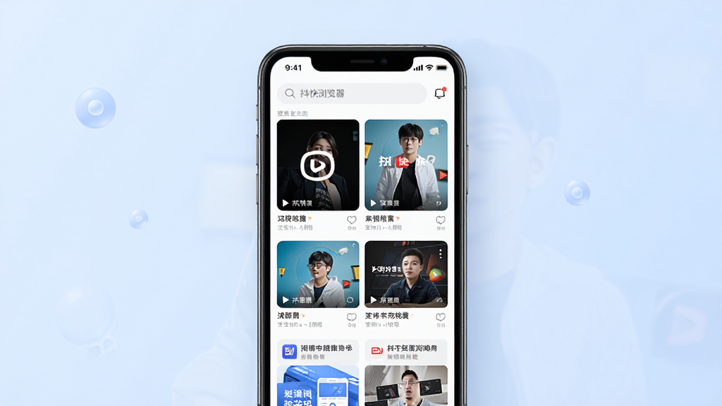 一张干净整洁的软件界面展示图,画面中央是手机屏幕,屏幕内显示抖快浏览器的主页,顶部有搜索框,下方是整齐排列的短视频封面和资讯卡片,背景是柔和的浅蓝色渐变,整体风格现代简约,布局清晰,细节精致,画质高清,无多余元素