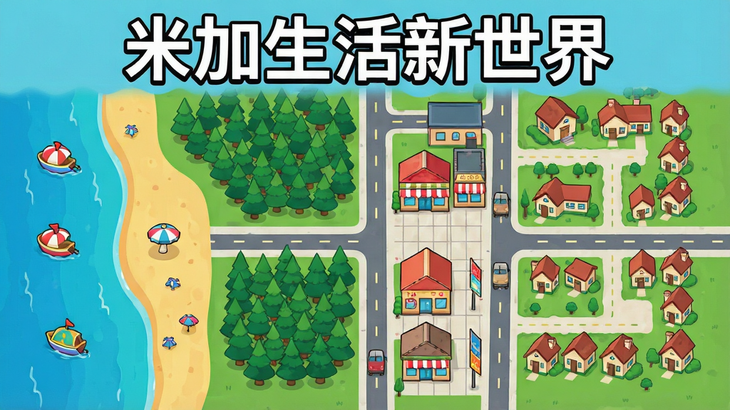 一个卡通风格的小镇地图俯瞰图,画面中清晰标注了海滩、森林、商业街、住宅区等不同区域,地图风格可爱,色彩丰富,有道路连接各个区域,画质高清,干净整洁,图片上方有文字“米加生活新世界”