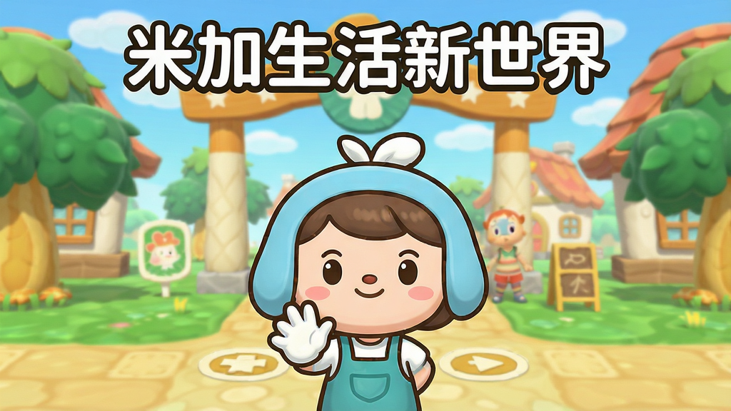 一个卡通风格的新手引导界面,画面中有一个可爱的小助手角色正在向玩家展示操作手势,背景是米加生活新世界的小镇入口,界面简洁明了,色彩清新,画质高清,干净无杂乱元素,图片上方有文字“米加生活新世界”