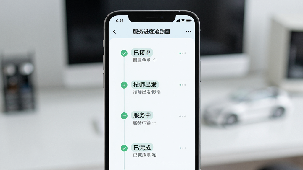 摩耶商家端服务进度追踪界面,主体为手机屏幕展示订单时间轴,布局为纵向时间线,排版为从上到下排列,风格为清爽浅色系,细节包括“已接单”“技师出发”“服务中”“已完成”等节点标识,画质清晰干净无多余元素