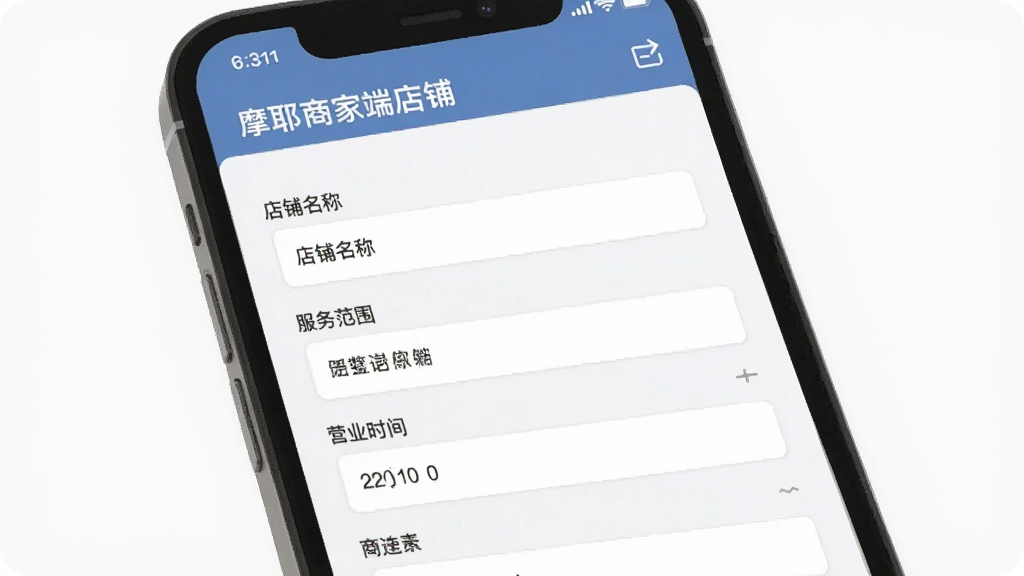 摩耶商家端店铺管理页面,主体为手机屏幕展示店铺信息编辑表单,布局为上下分区,排版为表单式排列,风格为商务简洁风,细节包括“店铺名称”“服务范围”“营业时间”等字段标签,画质清晰干净无多余元素