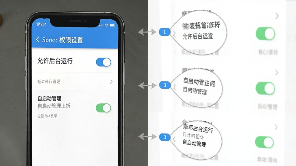 摩耶商家端安装设置步骤示意图,主体为手机屏幕展示权限设置页面,布局为分步截图排列,排版为左右对照,风格为教程指引风,细节包括“允许后台运行”“自启动管理”等开关按钮,画质清晰干净无多余元素