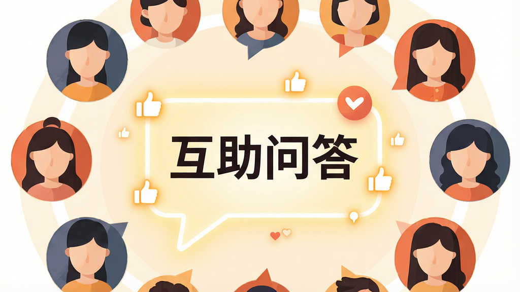 一张表现“迷上我”社区互助场景的插画,主体为多个匿名头像围绕一个发光对话框,布局为圆形环绕式,排版中心突出“互助问答”字样,风格为扁平化矢量插画,细节包括点赞图标与温暖色调,画质为高清、干净无多余元素。
