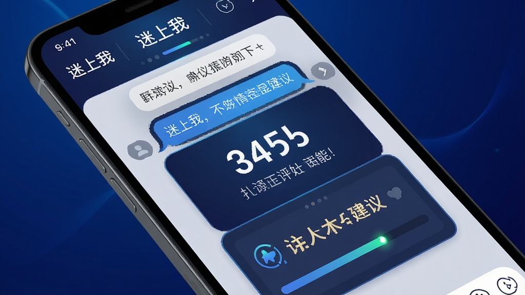 一张展示“迷上我”聊天模拟界面的手机截图风格图,主体为手机屏幕内显示对话气泡与评分面板,布局为手机倾斜放置、背景为深蓝渐变,排版突出评分数字与建议文字,风格为科技感UI,细节包括“迷上我”logo和进度条,画质为4K超清、干净无多余元素。