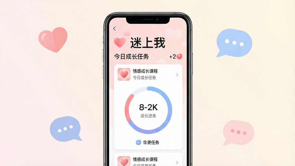 一张展示“迷上我”应用核心界面的手机样机图,主体为一部竖屏智能手机,屏幕内呈现情感成长课程列表与进度环,布局为手机居中、浅色渐变背景、四周点缀柔和的心形与对话气泡图标,排版简洁现代,风格为扁平化UI设计,细节包括清晰的文字标题“迷上我”和“今日成长任务”,画质为2K高清、干净无多余元素。