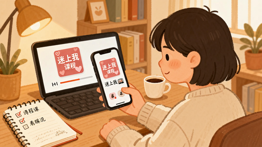 一张表现“迷上我”课程学习场景的插画,主体为一位年轻人坐在书桌前用手机观看视频课程,屏幕中显示“迷上我”课程封面与进度条,布局为人物居中、背景为温馨书房,排版采用左右分栏,风格为温暖治愈系手绘,细节包括笔记本上的待办清单和一杯咖啡,画质为高清、干净无多余元素。