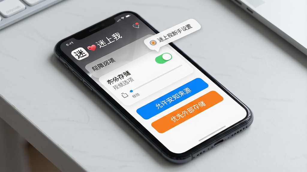 一张展示“迷上我”新手设置界面的手机样机图,主体为手机屏幕内显示权限开关与存储选项,布局为手机正面平放、背景为浅灰桌面,排版突出“允许安装未知来源”和“优先外部存储”两个高亮按钮,风格为极简工具类UI,细节包括迷上我logo和提示气泡,画质为高清、干净无多余元素。