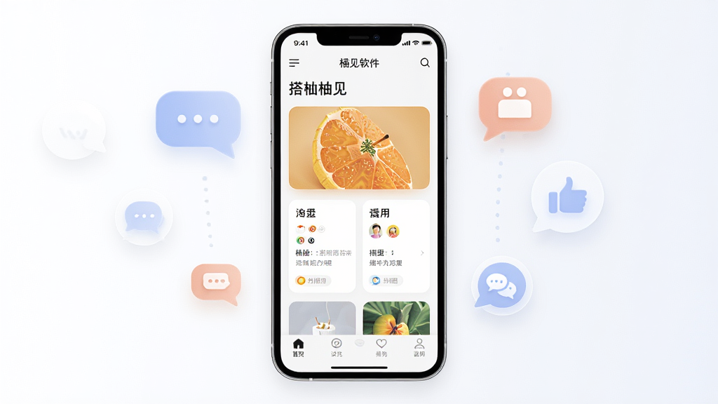 一张展示搭讪柚见软件界面的手机预览图,主体为一部竖屏智能手机,屏幕内显示搭讪柚见应用首页,布局包含顶部导航栏、中部功能卡片和底部菜单栏,排版清晰整洁,风格为现代简约科技风,细节上手机周围环绕着柔和的对话气泡图标和社交符号,画质高清,干净,无多余元素